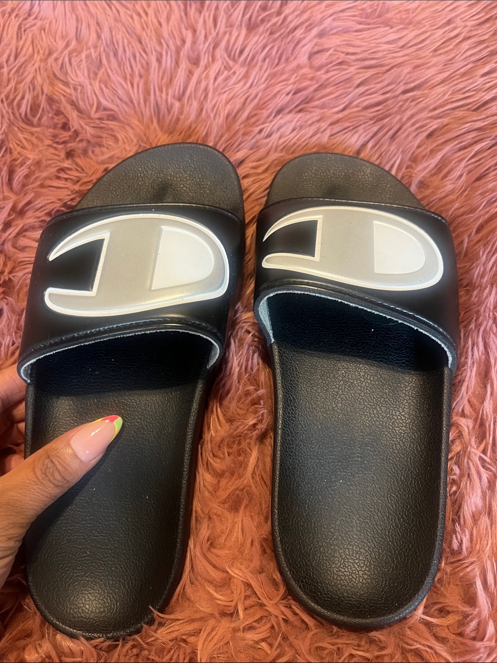 Champion Black Slide Sandals with Silver Logo Accent